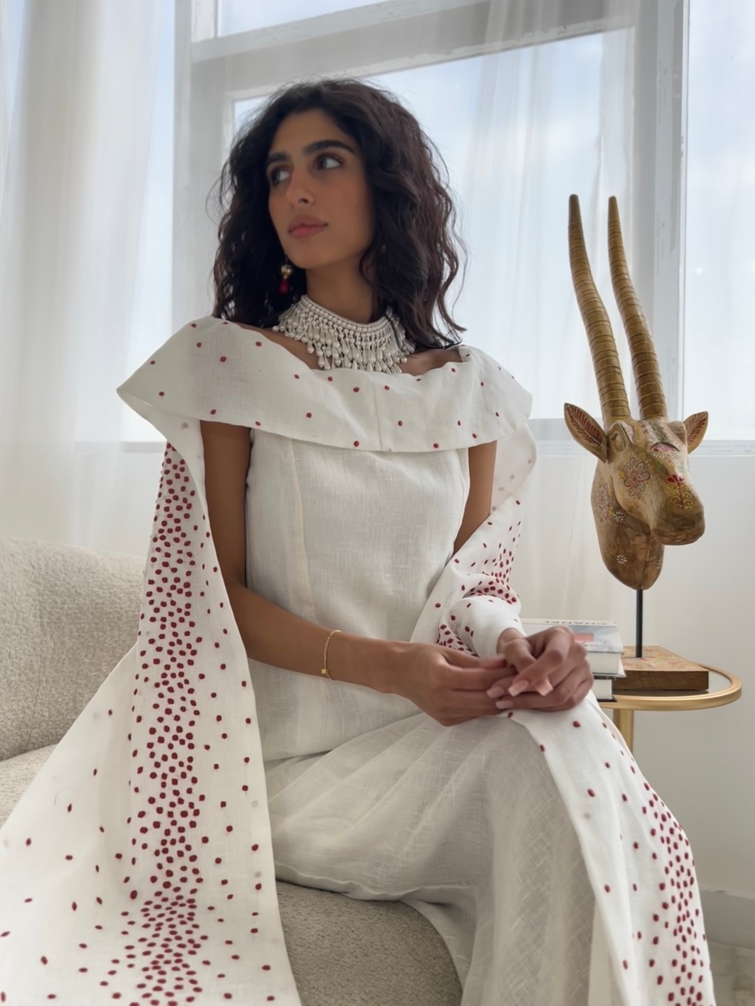 Scarf-tie Embroidered Midi Dress