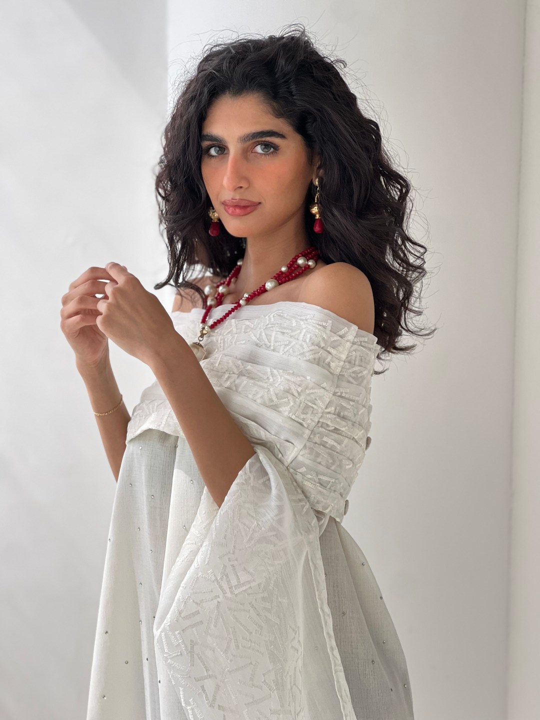 White Embellished Off-shoulders Kaftan